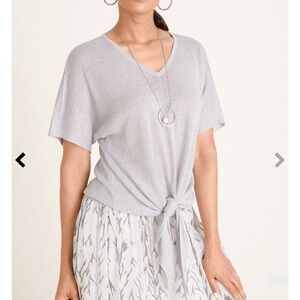 Chicos Short Sleeve V Neck Metallic Tie Front Linen Blend Top Medium